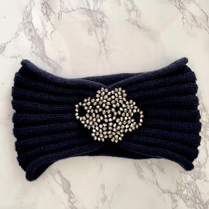 Navy ski  knitted headband wrap with Silver beading.